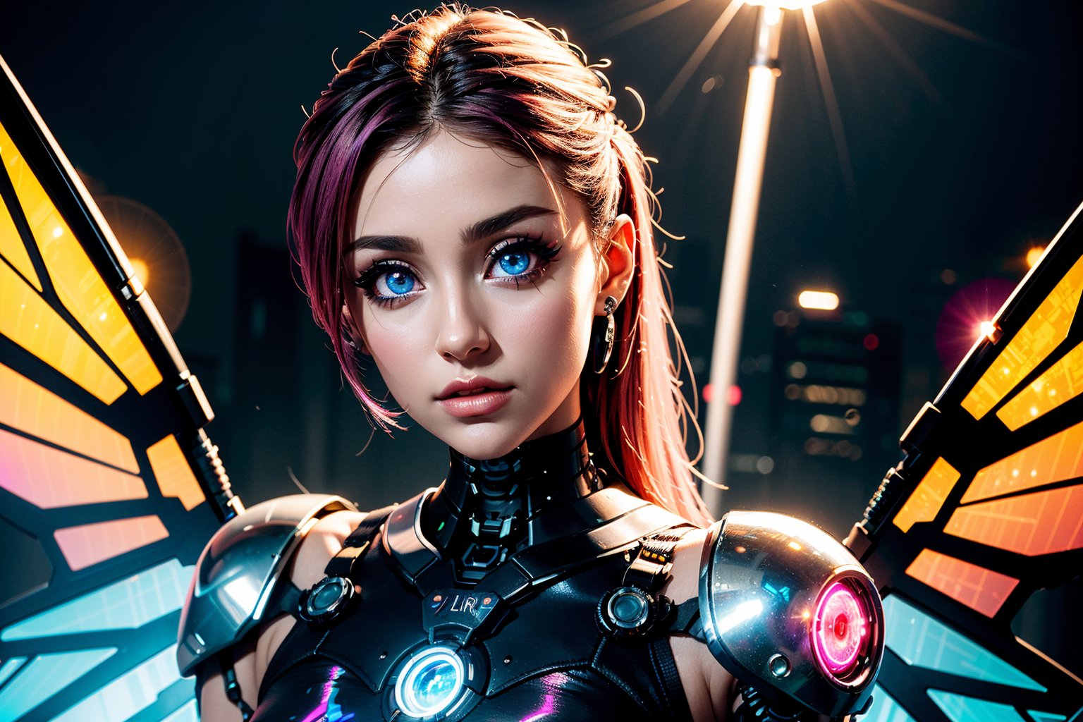 edgNoire,upper body shot,female, steampunk bodysuit, cyberpunk city, neon lights, volumetric lighting, dabbing light on hair, long hair, blue eyes, ultre detailed eyes, intricate tech jewels, hologram watch, sky scraper, cyborg body parts, planet, sharp eyes, highest eye quality, ultra sharp eyes, intricate cyborg, intricate glowings eyes, eyes closeup, purple sun flare, robot, smoooth skin, metallic wings, wings ingraved with lines, ariana grande, heavy pink makeup, 