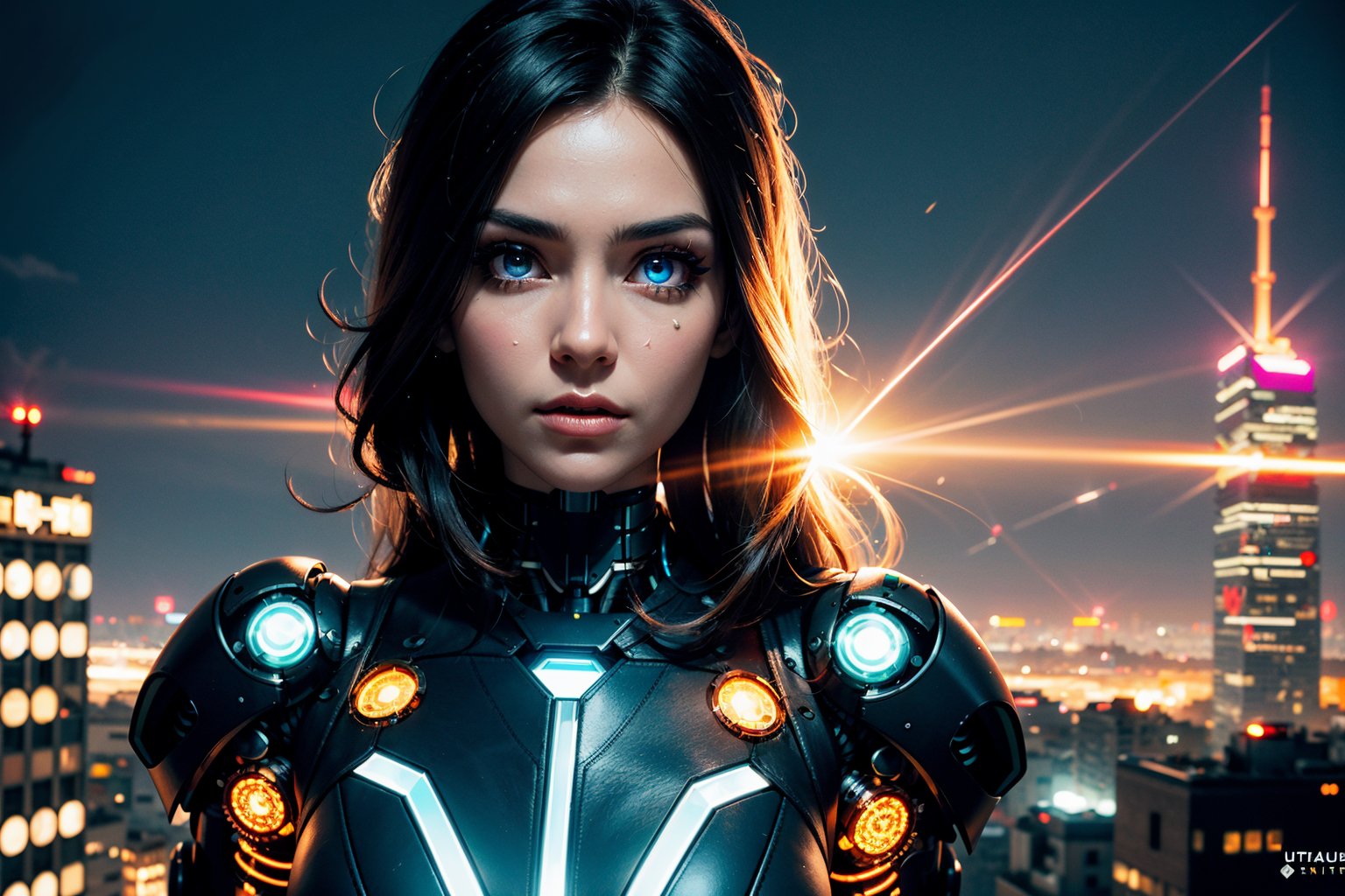 edgNoire,upper body shot,female, steampunk bodysuit, cyberpunk city, neon lights, volumetric lighting, dabbing light on hair, long hair, blue eyes, ultre detailed eyes, intricate tech jewels, hologram watch, sky scraper, cyborg body parts, planet, sharp eyes, highest eye quality, ultra sharp eyes, intricate cyborg, intricate glowings eyes, eyes closeup, sun flare, robot,