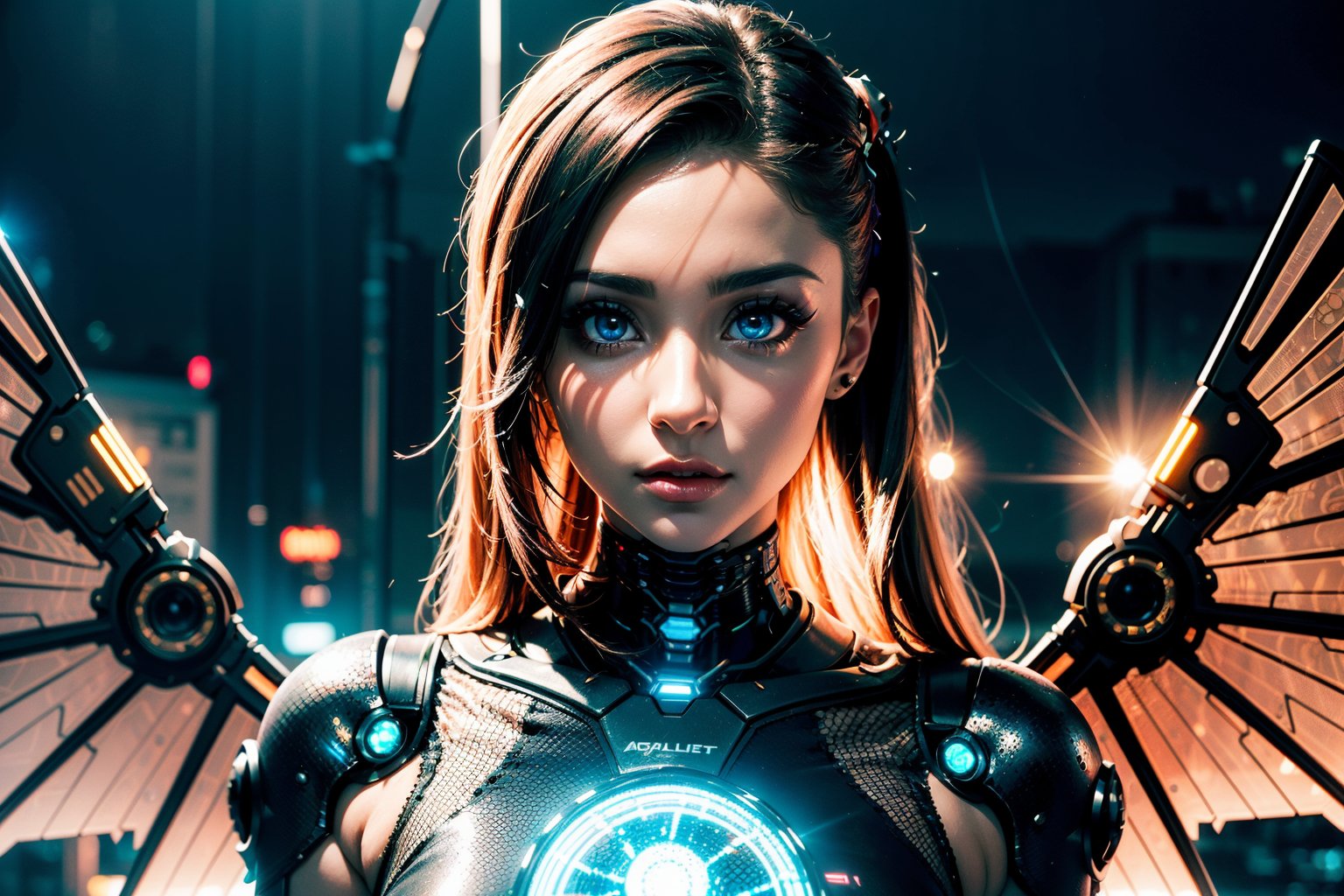 edgNoire,upper body shot,female, steampunk bodysuit, cyberpunk city, neon lights, volumetric lighting, dabbing light on hair, long hair, blue eyes, ultre detailed eyes, intricate tech jewels, hologram watch, sky scraper, cyborg body parts, planet, sharp eyes, highest eye quality, ultra sharp eyes, intricate cyborg, intricate glowings eyes, eyes closeup, purple sun flare, robot, smoooth skin, metallic wings, wings ingraved with lines, ariana grande, heavy pink makeup 1,5, 