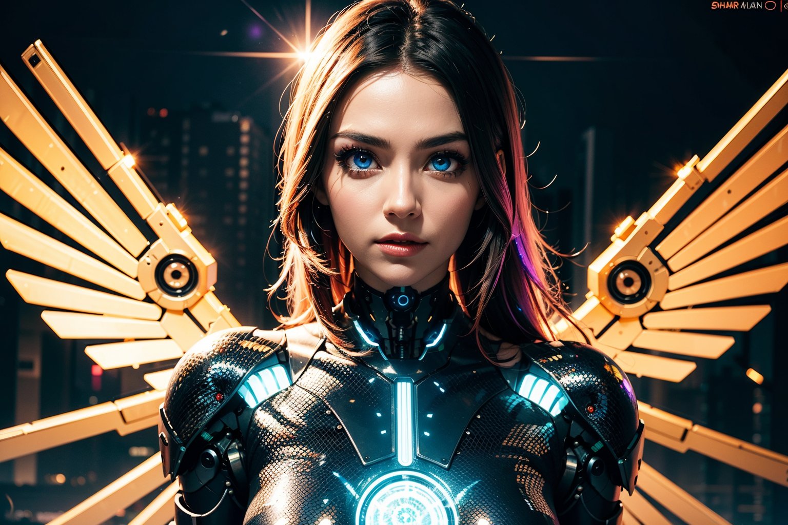 edgNoire,upper body shot,female, steampunk bodysuit, cyberpunk city, neon lights, volumetric lighting, dabbing light on hair, long hair, blue eyes, ultre detailed eyes, intricate tech jewels, hologram watch, sky scraper, cyborg body parts, planet, sharp eyes, highest eye quality, ultra sharp eyes, intricate cyborg, intricate glowings eyes, eyes closeup, purple sun flare, robot, smoooth skin, metallic wings with energy lines, 