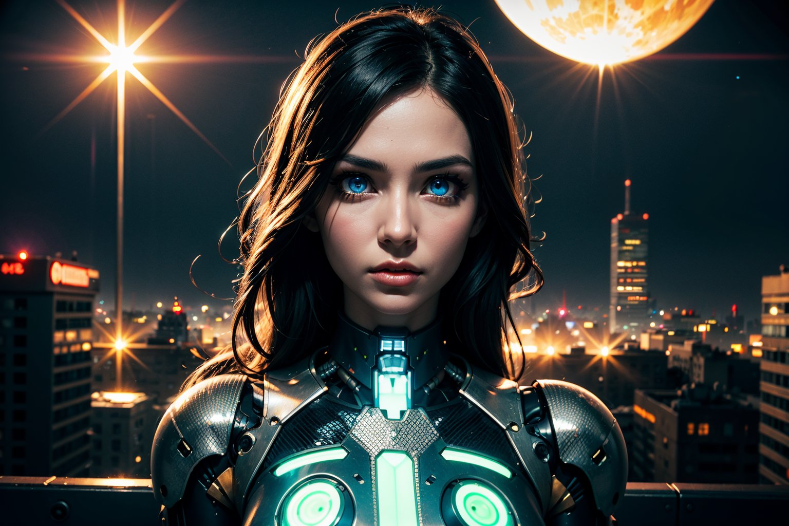 edgNoire,upper body shot,female, steampunk bodysuit, cyberpunk city, neon lights, volumetric lighting, dabbing light on hair, long hair, blue eyes, ultre detailed eyes, intricate tech jewels, hologram watch, sky scraper, cyborg body parts, planet, sharp eyes, highest eye quality, ultra sharp eyes, intricate cyborg, intricate glowings eyes, eyes closeup, sun flare, robot, smoooth skin,