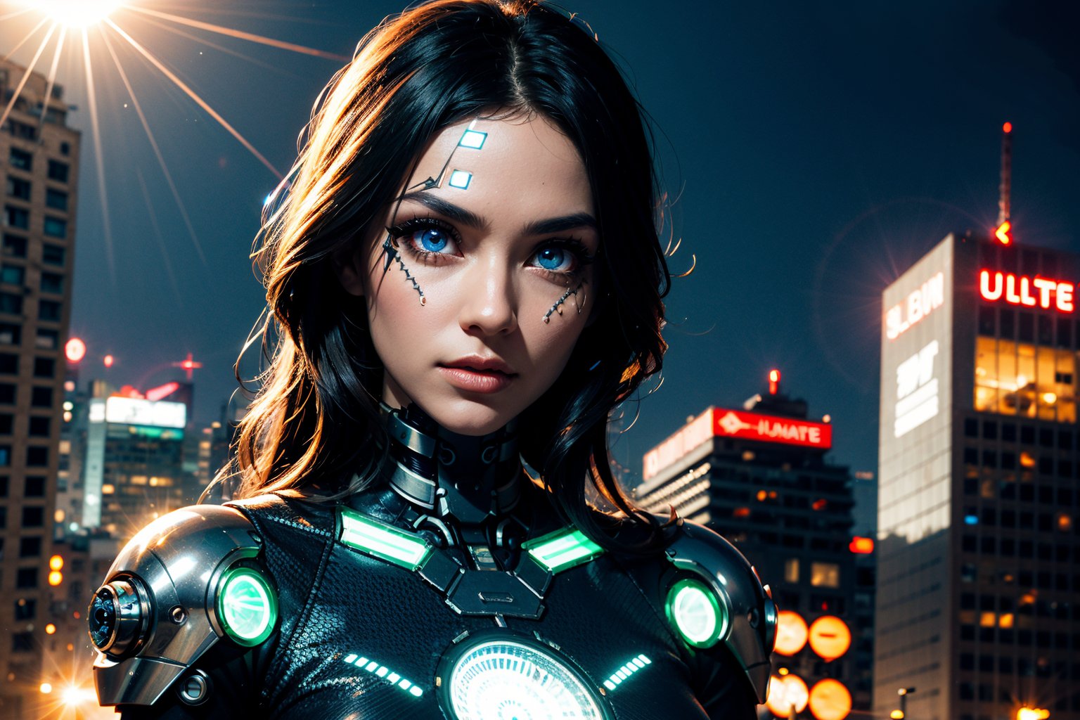 edgNoire,upper body shot,female, steampunk bodysuit, cyberpunk city, neon lights, volumetric lighting, dabbing light on hair, long hair, blue eyes, ultre detailed eyes, intricate tech jewels, hologram watch, sky scraper, cyborg body parts, planet, sharp eyes, highest eye quality, ultra sharp eyes, intricate cyborg, intricate glowings eyes, eyes closeup, sun flare, remove background, png, 