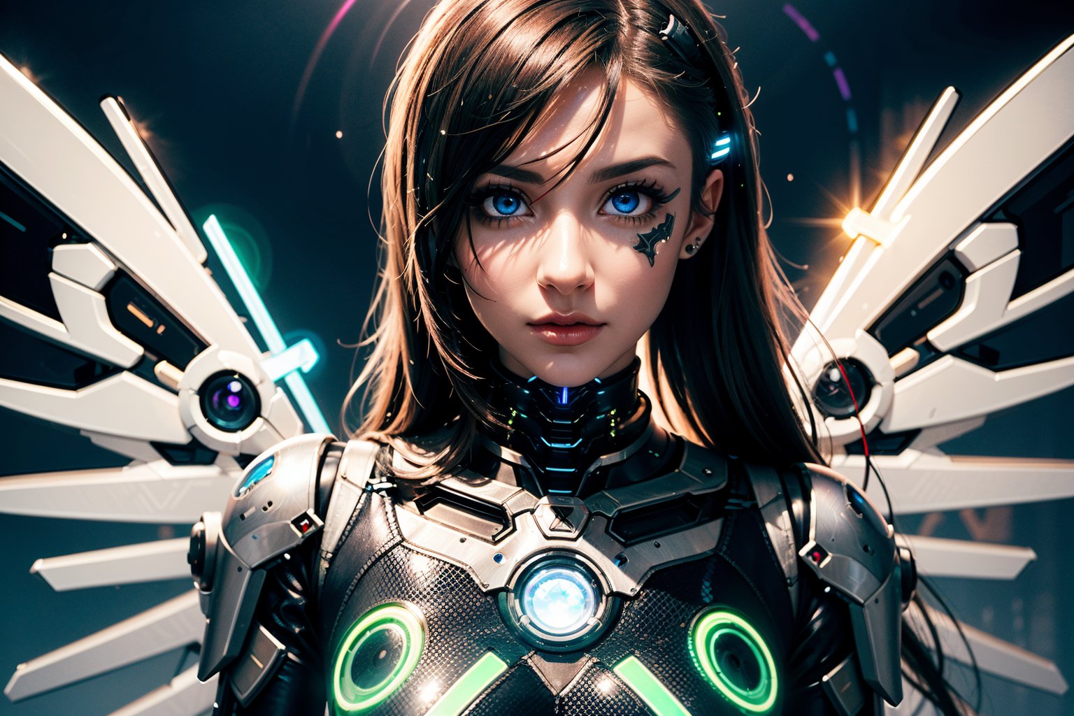 edgNoire,upper body shot,female, steampunk bodysuit, cyberpunk city, neon lights, volumetric lighting, dabbing light on hair, long hair, blue eyes, ultre detailed eyes, intricate tech jewels, hologram watch, sky scraper, cyborg body parts, planet, sharp eyes, highest eye quality, ultra sharp eyes, intricate cyborg, intricate glowings eyes, eyes closeup, purple sun flare, robot, smoooth skin, metallic wings, wings ingraved with lines, ariana grande, overwatch, 