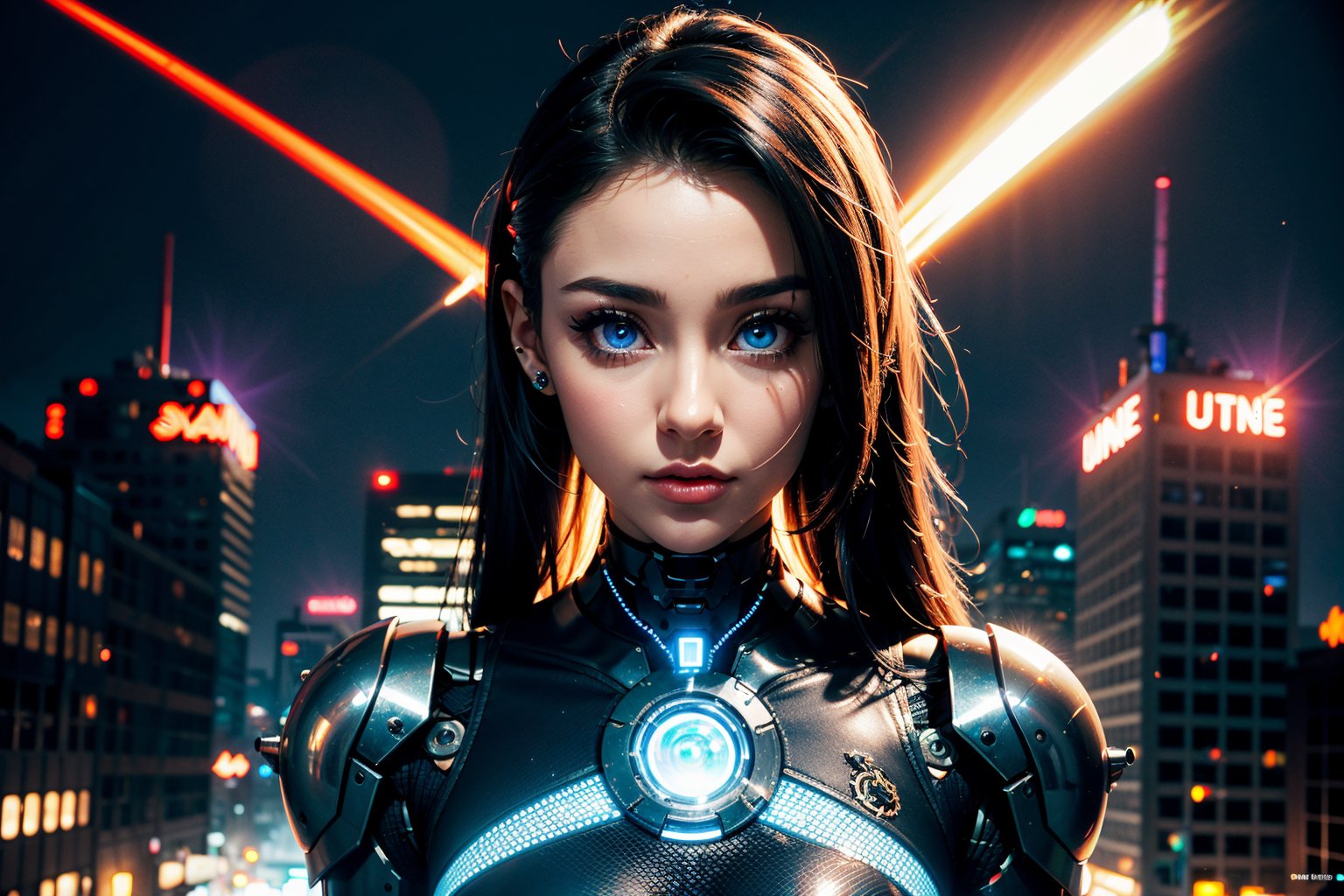 edgNoire,upper body shot,female, steampunk bodysuit, cyberpunk city, neon lights, volumetric lighting, dabbing light on hair, long hair, blue eyes, ultre detailed eyes, intricate tech jewels, hologram watch, sky scraper, cyborg body parts, planet, sharp eyes, highest eye quality, ultra sharp eyes, intricate cyborg, intricate glowings eyes, eyes closeup, purple sun flare, robot, smoooth skin, metallic wings with ingraved energy lines, ariana grande, 