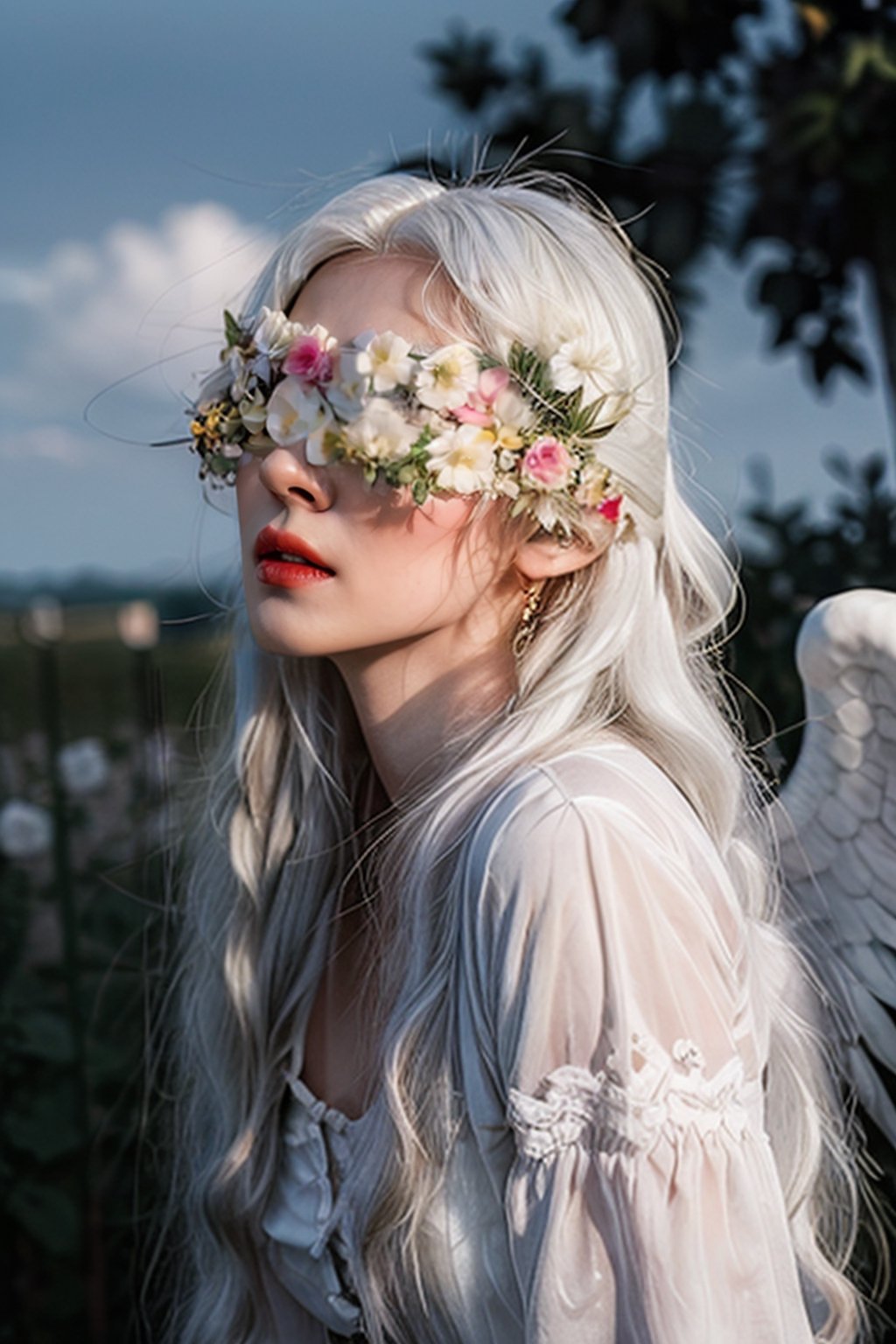 angel from heaven landing on earth , heaven_clouds around her , jewellery , white_hair , white_angel_clothes , detailed , high_resolution , white_rose clothes , full_clothes , long_hair,Flower Blindfold