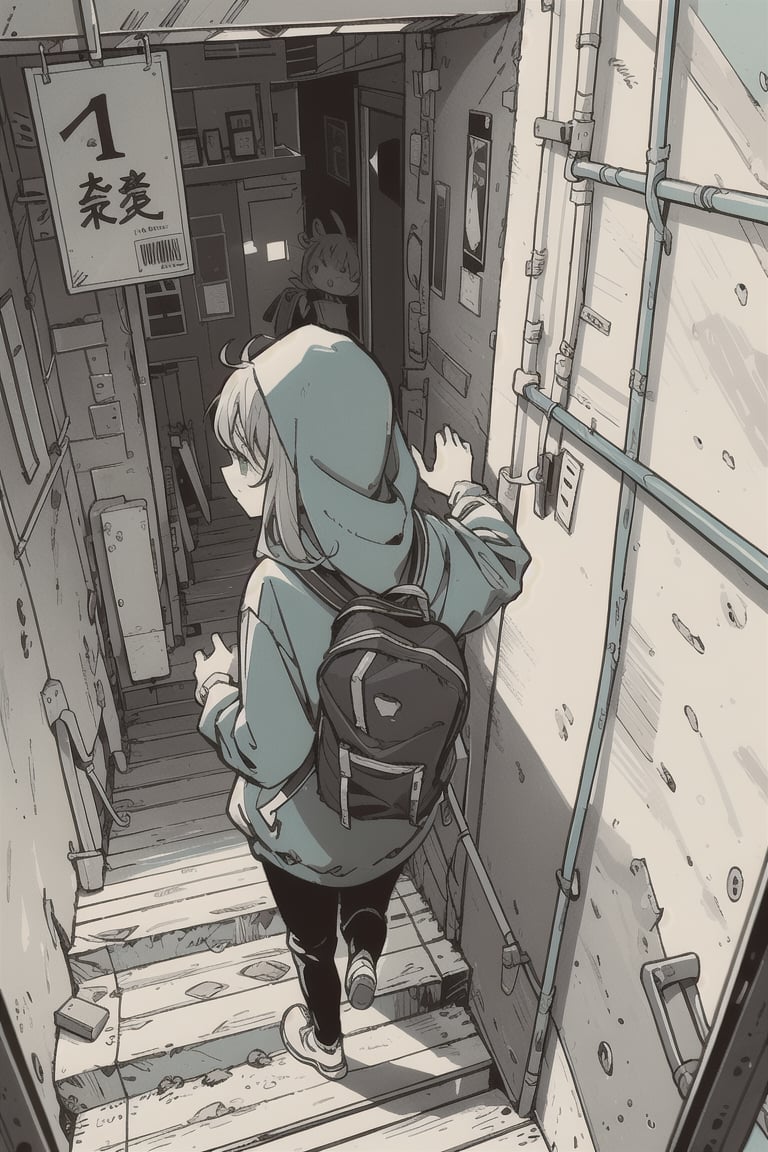 a young Asian girl, dressed in a red hooded sweatshirt, and a blue backpack, is walking down a set of stairs. The girl's back is facing the camera, her right hand is holding a phone in her left hand. The stairs are made of wood, and the sun is shining down on the stairs, casting a shadow on the left side of the stairs. To the right of the girl, there is a green wall with a metal railing on it. Above the railing, a white sign with the number 1 on it is attached to a metal pole. The sign is adorned with a text in a foreign language.