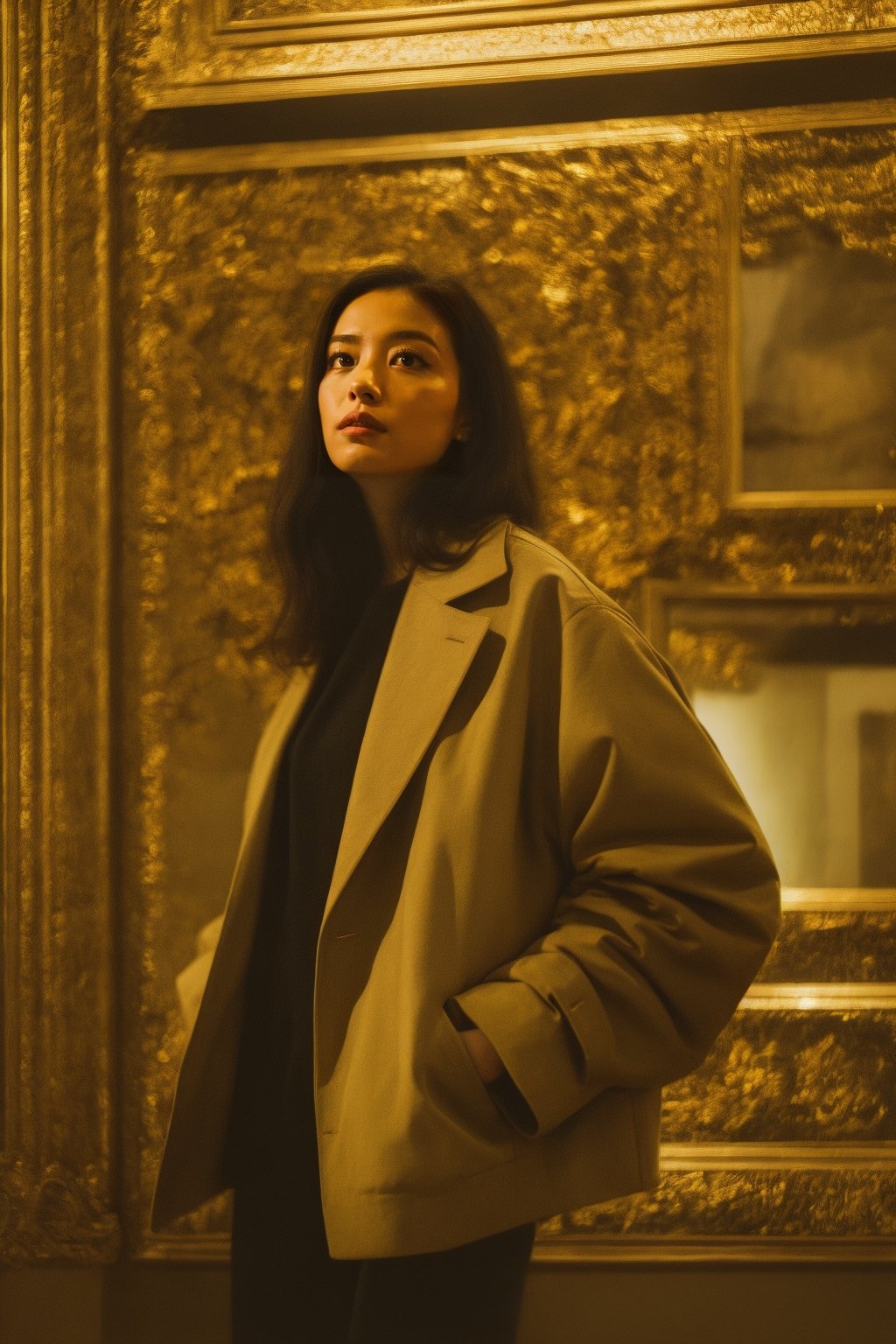 A young woman in a beige jacket stands in an art gallery, gazing upwards at a painting. She is surrounded by ornate gold frames and dark green walls.  also observing the art.  The image has a contemplative and introspective mood, with soft lighting and a vintage aesthetic.