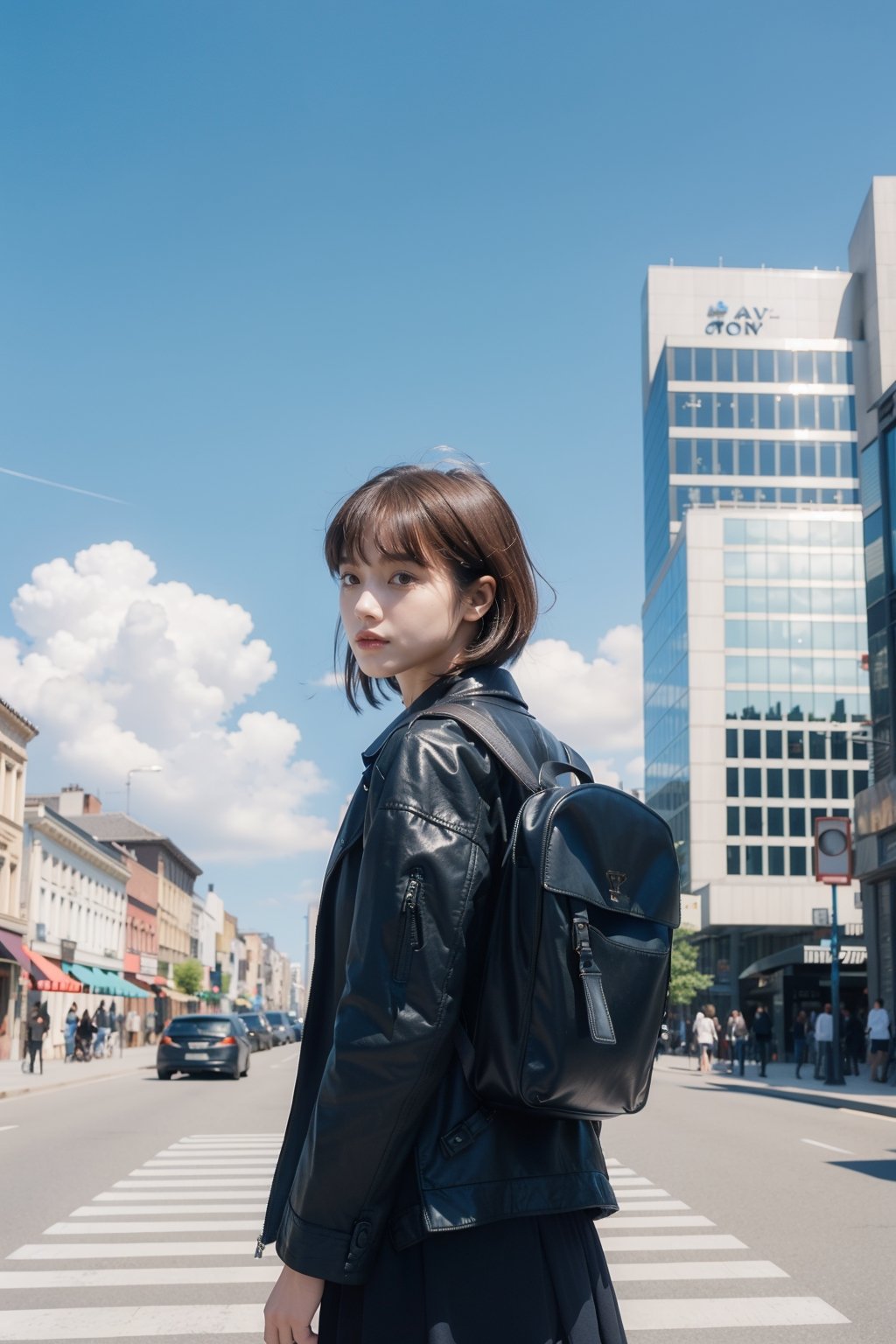 1girl, solo, short hair, brown hair, black hair, long sleeves, jacket, outdoors, sky, day, cloud, bag, from behind, blue sky, black jacket, backpack, building, scenery, city, sign, facing away