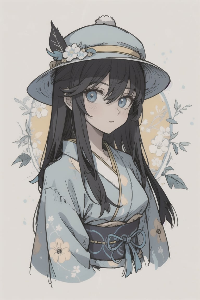 An animated portrait of a Japanese woman with long black hair and blue eyes. She is wearing a blue and yellow kimono with a floral pattern on it. The woman's head is adorned with a round hat that is brown and has a white feather on top of it. There are blue and pink flowers on the hat. Behind the woman is a pattern of yellow and blue flowers on a yellow background.