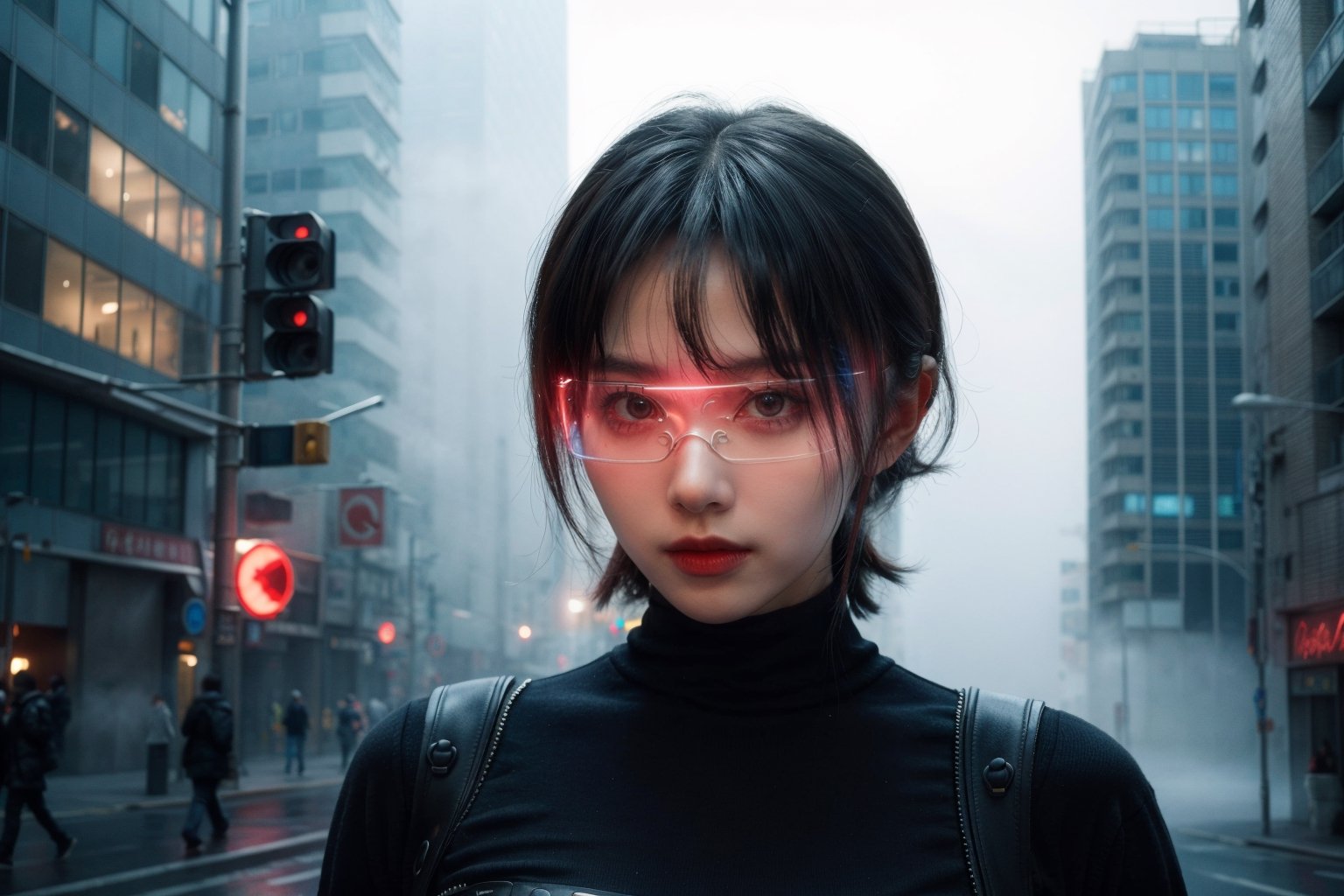 wide angle lens, photo of awoman at the cyberpunk,
wearing cyber dress, city view, shot with kodakportra 160 film,
vintage color grading --ar 16:9 , colorful buildings around , warm red and blue lights fog , ((portrait)) , daylight foggy glowing city boards , facing_viewer,cyberpunk glasses