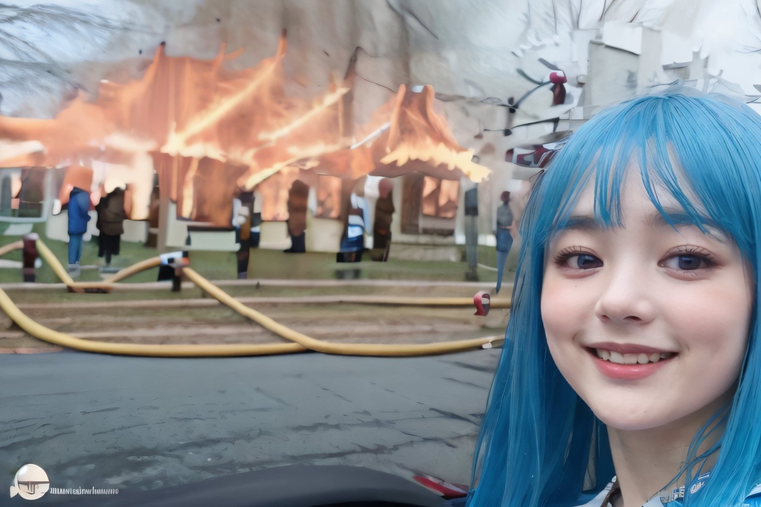 Highly detailed, High Quality, Masterpiece, beautiful, 1girl, IncrsDisasterGirlMeme:, fire, smile, outdoors, , Yoimiya\(genshin impact\), blue_hair , BiBa