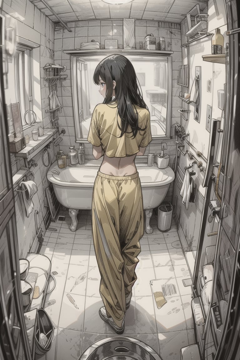 1girl, long hair, multiple reflection, black hair, midriff, water, from behind, yellow clothes, reflection, mirror, realistic, bathroom, sink , multiple dimensions like multiverse movie 