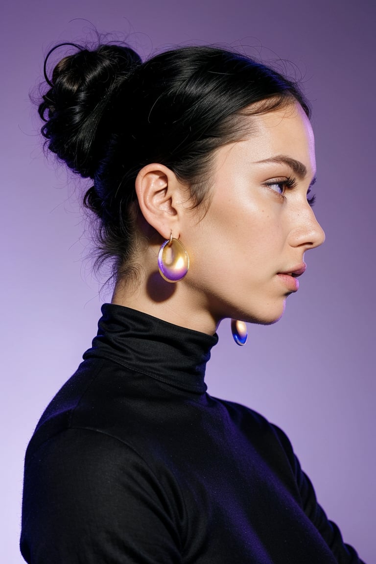 1girl, solo, short hair, black hair, jewelry, upper body, earrings, hair bun, black eyes, from side, gradient, gradient background, makeup, glowing, turtleneck, single hair bun, eyeshadow, purple background, hoop earrings