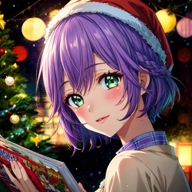 1girl, face portrait, purple short hairs, green eyes, A high-quality, high-res masterpiece, matured female, Anime & Comic Book style, hair ornaments, blushing, Christmas tree in the background(( deep depth of field:1.4)) hiro_segawa.,,