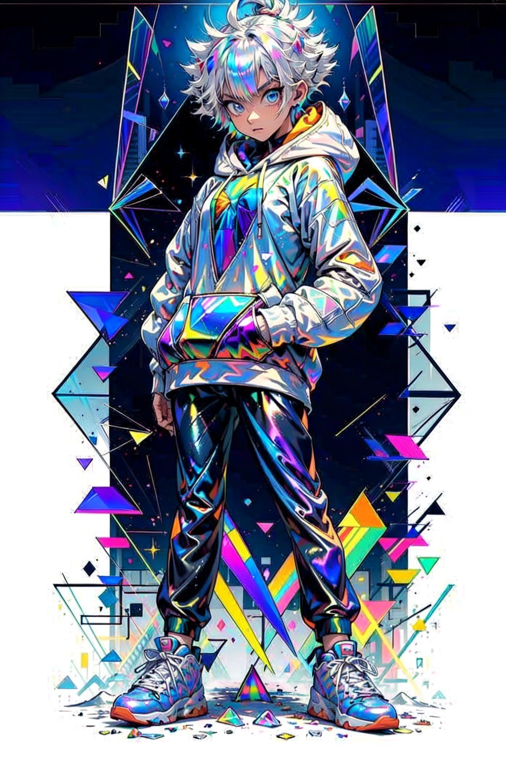 ((a young anime women:1.2)), ((long white hair:1)), blue eyes, wearing a hoodie and sneakers,((standing:1.2)),surrounded by colorful geometric shapes shapes(rainbow holographic, rainbow colors,iridescent, prismatic, spectral and shimmering