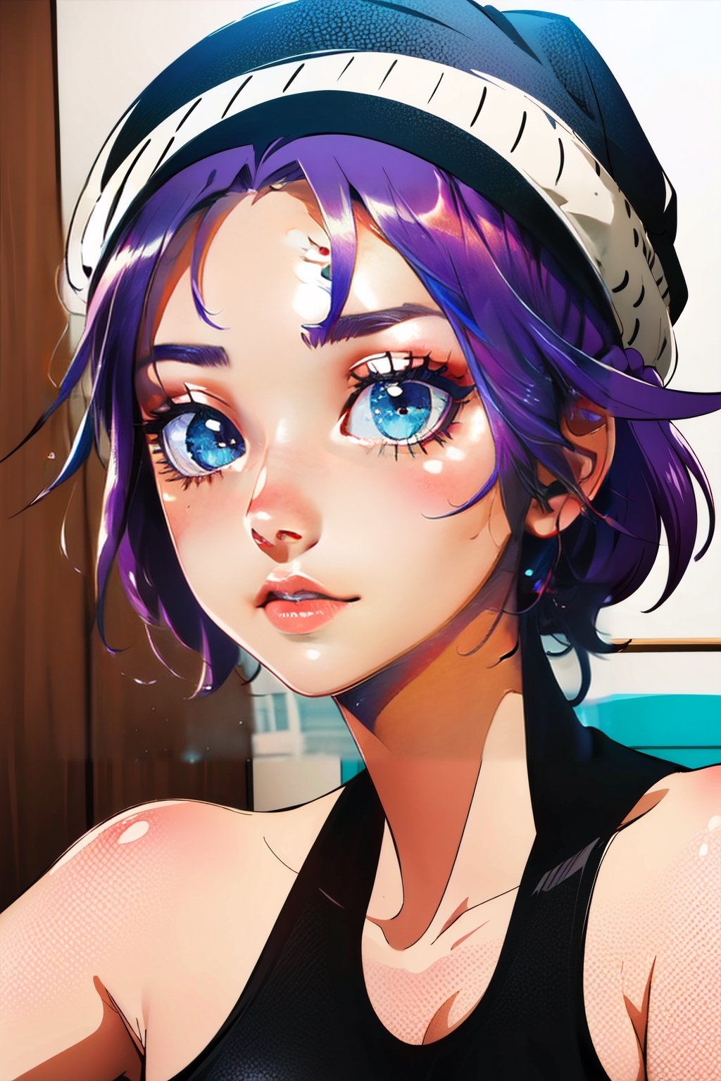 Highly detailed, High Quality, Masterpiece, beautiful,Hiro segawa, green eyes, short hairs, purple hair,bare shoulders, ,hiro_segawa,purple hair,green eyes,monochrome,FFIXBG,SAM YANG,Under testing no keywords