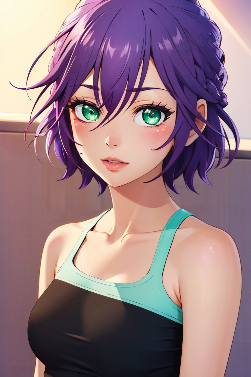 Highly detailed, High Quality, Masterpiece, beautiful,Hiro segawa, green eyes, short hairs, purple hair,bare shoulders, ,hiro_segawa,purple hair,green eyes