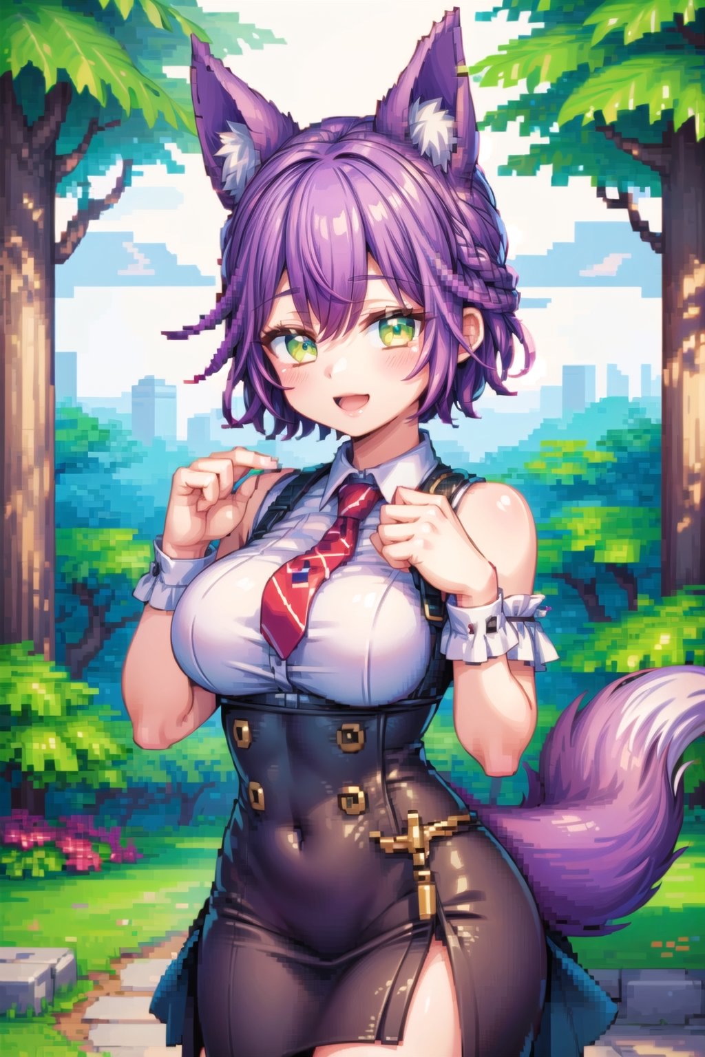 ah1, green, short hairs,fox tail,5_figners, purple_hair,yellow eyes ,lure,large breasts, ah1, perfect,Pixel Art,hiro_segawa, PIXARFK, Pixel Art.