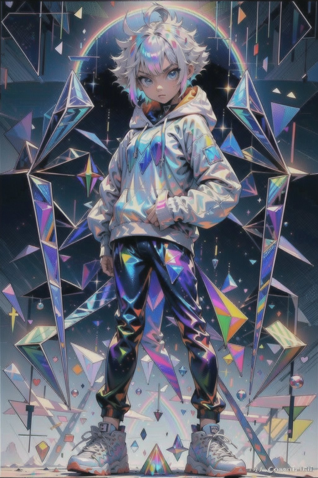 ((a young anime women:1.2)), ((long white hair:1)), blue eyes, wearing a hoodie and sneakers,((standing:1.2)),surrounded by colorful geometric shapes shapes(rainbow holographic, rainbow colors,iridescent, prismatic, spectral and shimmering,High detailed ,Color magic