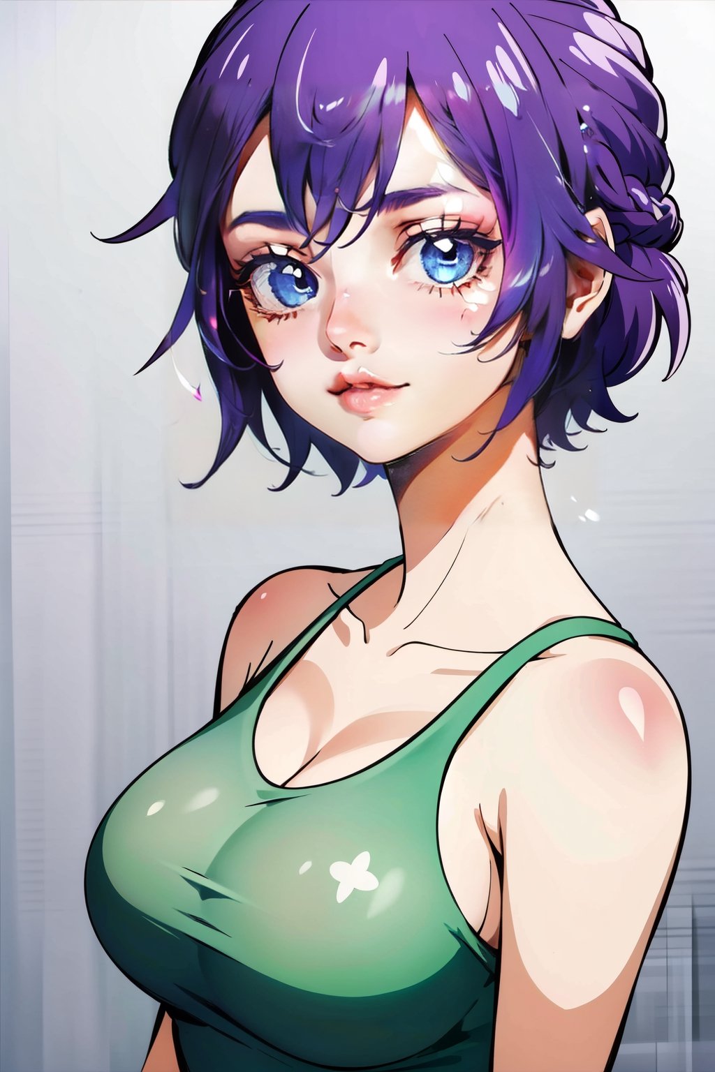 Highly detailed, High Quality, Masterpiece, beautiful,Hiro segawa, green eyes, short hairs, purple hair,bare shoulders, ,hiro_segawa,purple hair,green eyes,monochrome,FFIXBG,SAM YANG,Under testing no keywords