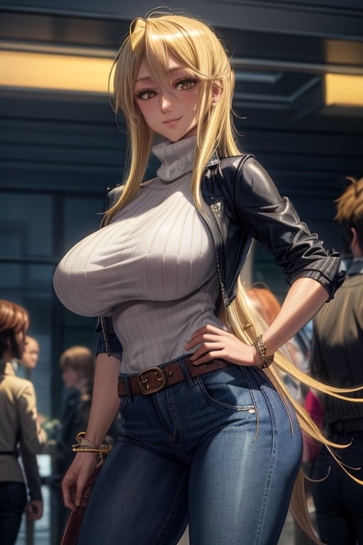 masterpiece, best quality, highres, mature, 1girls, solo girl, marikawashizuka, real Blonde hairs, Brown eyes, smooth face,  gorgeous face, gorgeous eyes, makeup, huge breasts, detailed face, detailed hands, smile, wide hips, jewelry, bracelet, long turtleneck sweater, jacket, jeans, belt, seductive pose, high boots,