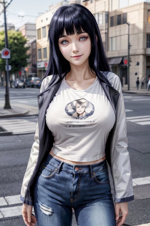 masterpiece, best quality, highres, hinata, solo girl, mature, huge breasts, smooth face, detailed face, black hair, long hair, hime cut, white eyes, smile, delicate hands, seductive pose, t-shirt, jacket, jeans, street