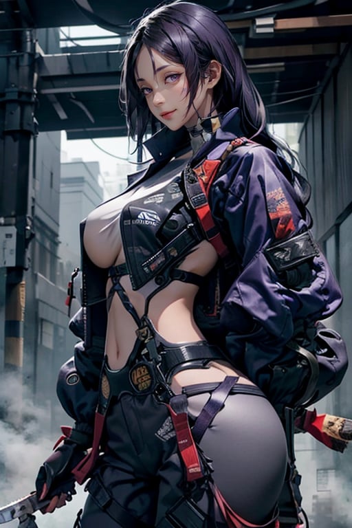 masterpiece, best quality, highres, hmmr1, minamoto no raikou (fate), mature, giant  breast, huge breast, svery long, hair till ground and tied at end, extra long hair, dark purple hair, smooth face, detailed face, detailed hands, huge breasts, small smile, wide hips,  urban techwear, techwear jacket, techwear pants, techwear gloves, techwear kasa, katana on hand, combat pose