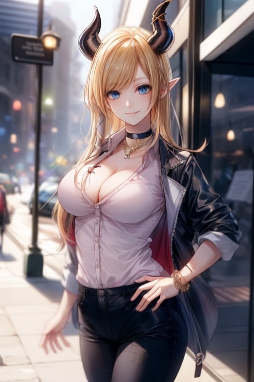 best quality, highres, solo girl, mature, yuzuki_choco, blonde hairs, blue eyes, big breasts, choker, demon_girl, demon horns, horns, jacket, long hair, pointy ears,  masterpiece, best quality, ultra detailed, 8k, highly detailed, detailed face, pose, small smile, delicate hands, wide hips, jewelry, choker necklace, bracelet, black pants, sweater_vest, jacket, high boots, sexy pose, street, sexy, yuzu, 1 girl, 1girl