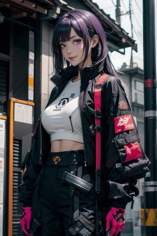 masterpiece, best quality, highres, mature woman, asian, huge breasts, long hair, dark purple hair, hime cut hair, long hair, detailed face, small smile, wide hips, urban techwear, techwear jacket, techwear pants, techwear gloves, katana