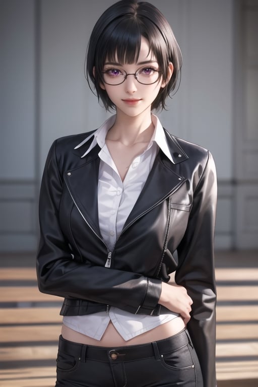 masterpiece, best quality, highres, SOUNA SITRI, solo, purple eyes, mature, black hairs, smooth face, gorgeous face, gorgeous eyes, detailed face, detailed hands, smile, jacket, short pants, photorealistic, wide hips, glasses