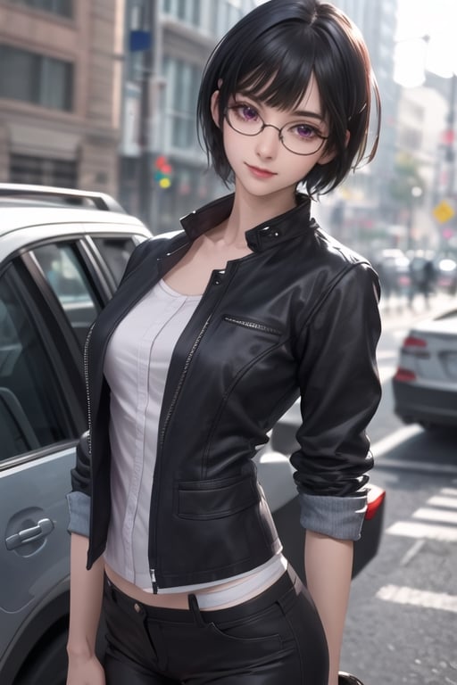 masterpiece, best quality, highres, SOUNA SITRI, solo, purple eyes, mature, black hairs, smooth face, gorgeous face, gorgeous eyes, detailed face, detailed hands, smile, jacket, short pants, photorealistic, wide hips, glasses