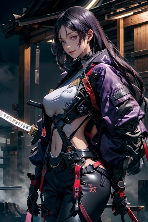 masterpiece, best quality, highres, hmmr1, minamoto no raikou (fate), mature, giant  breast, huge breast, svery long, hair till ground and tied at end, extra long hair, dark purple hair, smooth face, detailed face, detailed hands, huge breasts, small smile, wide hips,  urban techwear, techwear jacket, techwear pants, techwear gloves, katana on hand