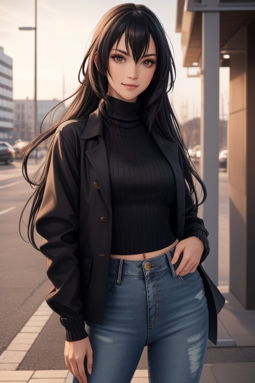 best quality, highres, solo girl, mature, milf, Nagato, black hair, long hair, very long hair, red eyes, big breasts, 1 girl, masterpiece, best quality, ultra detailed, 8k, highly detailed, detailed face, small smile, delicate hands, wide hips, black jeans, shirt, open jacket, turtleneck sweater, 