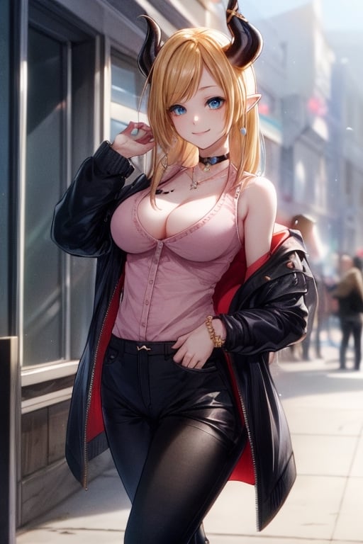 best quality, highres, solo girl, mature, yuzuki_choco, blonde hairs, blue eyes, big breasts, choker, demon_girl, demon horns, horns, jacket, long hair, pointy ears,  masterpiece, best quality, ultra detailed, 8k, highly detailed, detailed face, pose, small smile, delicate hands, wide hips, jewelry, choker necklace, bracelet, black pants, sweater_vest, jacket, high boots, sexy pose, street, sexy, yuzu, 1 girl, 1girl