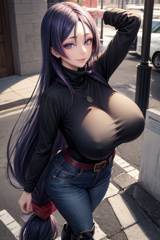 masterpiece, best quality, highres, hmmr1, solo, minamoto no raikou, Fate/Grand Order,  mature, milf, very long, hair till ground and tied at end, extra long hair, dark purple hair, smooth face, makeup, gorgeous face, gorgeous eyes, makeup, huge breasts, detailed face, detailed hands, giant breasts, smile, wide hips, jewelry, bracelet, black long turtleneck sweater, black jacket coat, black dark jeans, belt, seductive pose, black high boots, street