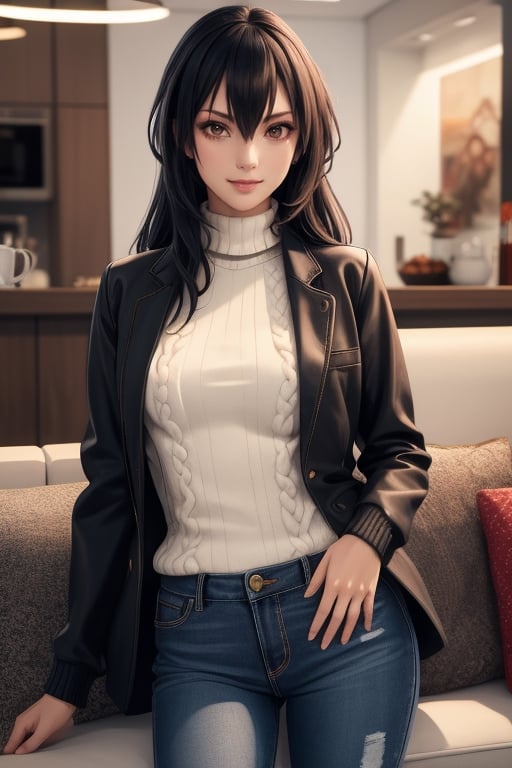 best quality, highres, solo girl, mature, milf, Nagato, black hair, long hair, very long hair, red eyes, big breasts, 1 girl, jewelry, masterpiece, best quality, ultra detailed, 8k, highly detailed, detailed face, small smile, delicate hands, wide hips, black jeans, shirt, open jacket, turtleneck sweater, crimson eyes, caffe, sit on sofa,