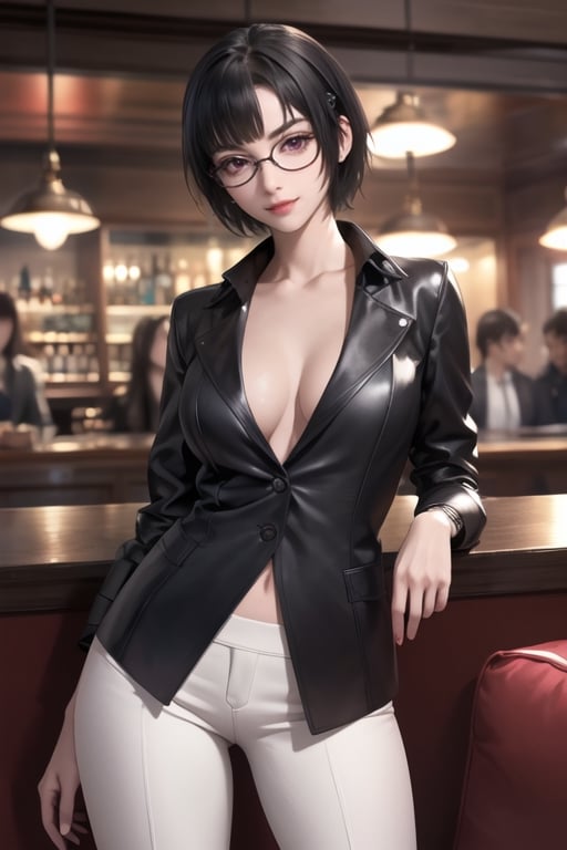 masterpiece, best quality, highres, SOUNA SITRI, solo, purple eyes, mature, black hairs, smooth face, gorgeous face, gorgeous eyes, detailed face, detailed hands, smile, jacket, pants, photorealistic, wide hips, glasses, sexy, pose, caffe, bar, sit sofa