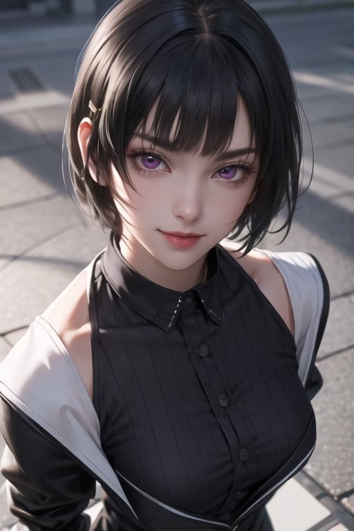 masterpiece, best quality, highres, SOUNA SITRI, solo, purple eyes, mature, black hairs, smooth face, gorgeous face, gorgeous eyes, detailed face, detailed hands, smile, jacket, short pants, photorealistic, wide hips,