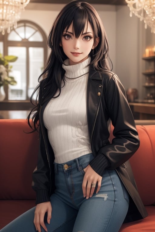 best quality, highres, solo girl, mature, milf, Nagato, black hair, long hair, very long hair, red eyes, big breasts, 1 girl, jewelry, masterpiece, best quality, ultra detailed, 8k, highly detailed, detailed face, small smile, delicate hands, wide hips, black jeans, shirt, open jacket, turtleneck sweater, crimson eyes, caffe, sit on sofa,