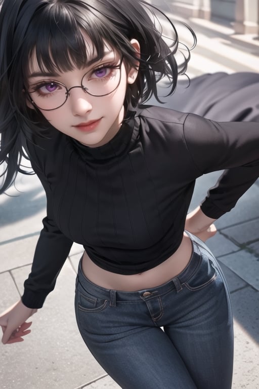 masterpiece, best quality, highres, SOUNA SITRI, solo, purple eyes, mature, black hairs, smooth face, gorgeous face, gorgeous eyes, detailed face, detailed hands, smile, jacket, pants, photorealistic, wide hips, glasses