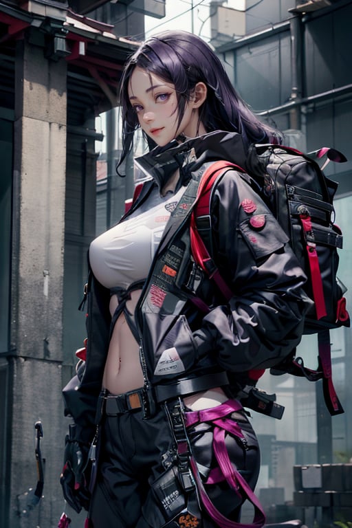 masterpiece, best quality, highres, hmmr1, minamoto no raikou (fate), mature, giant  breast, huge breast, svery long, hair till ground and tied at end, extra long hair, dark purple hair, smooth face, detailed face, detailed hands, huge breasts, small smile, wide hips,  urban techwear, techwear jacket, techwear pants, techwear gloves, small backpack, katana on hand, combat pose