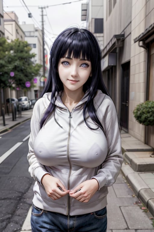 masterpiece, best quality, highres, hinata, solo girl, mature girl, huge breasts, smooth face, detailed face, black hair, long hair, hime cut, white eyes, smile, delicate hands, seductive pose, hoodie, pants, street