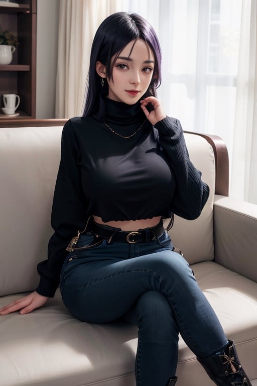 masterpiece, best quality, highres, hmmr1, minamoto no raikou (fate), mature, milf, very long, hair till ground and tied at end, extra long hair, dark purple hair, smooth face, huge breasts, detailed face, detailed hands, giant breasts, small smile, wide hips, jewelry, bracelet, black long turtleneck sweater, black jacket, black dark jeans, belt, caffe shop, sitting, sofa, seductive pose, black high boots,