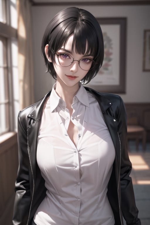 masterpiece, best quality, highres, SOUNA SITRI, solo, purple eyes, mature, black hairs, smooth face, gorgeous face, gorgeous eyes, detailed face, detailed hands, smile, jacket, pants, photorealistic, wide hips, glasses, sexy, pose