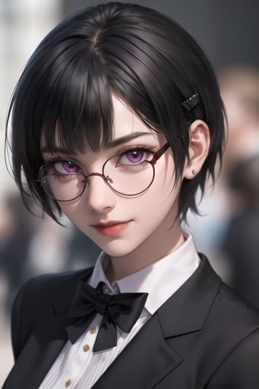 masterpiece, best quality, highres, SOUNA SITRI, solo, purple eyes, mature, black hairs, smooth face, gorgeous face, gorgeous eyes, detailed face, detailed hands, smile, jacket, short pants, photorealistic, wide hips, glasses