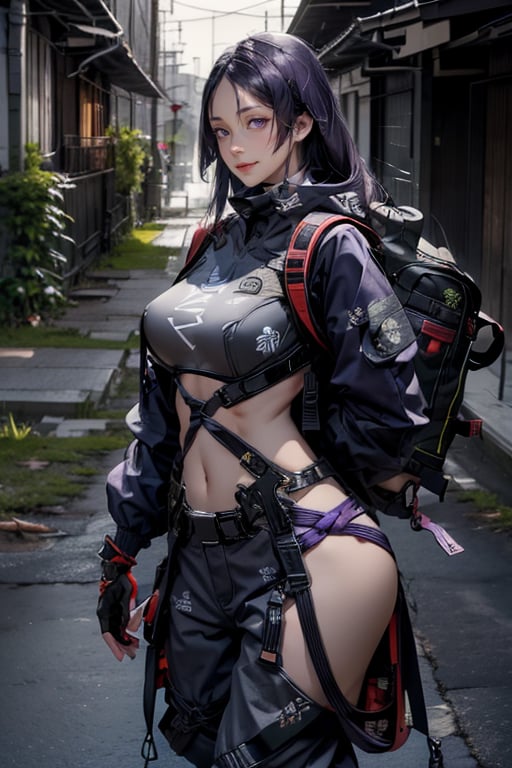 masterpiece, best quality, highres, hmmr1, minamoto no raikou (fate), mature, giant  breast, huge breast, svery long, hair till ground and tied at end, extra long hair, dark purple hair, smooth face, detailed face, detailed hands, huge breasts, small smile, wide hips,  urban techwear, techwear jacket, techwear pants, techwear gloves, backpack, katana on hand, combat pose