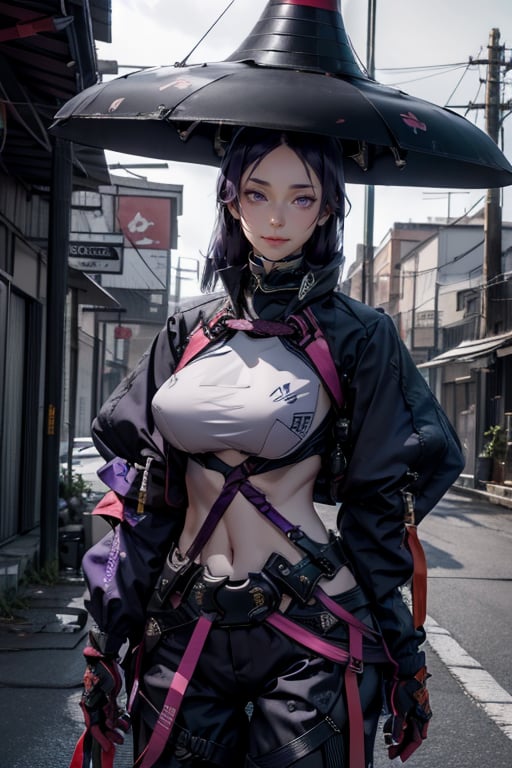 masterpiece, best quality, highres, hmmr1, minamoto no raikou (fate), mature, giant  breast, huge breast, svery long, hair till ground and tied at end, extra long hair, dark purple hair, smooth face, detailed face, detailed hands, huge breasts, small smile, wide hips,  urban techwear, techwear jacket, techwear pants, techwear gloves, techwear hat, katana on hand, combat pose