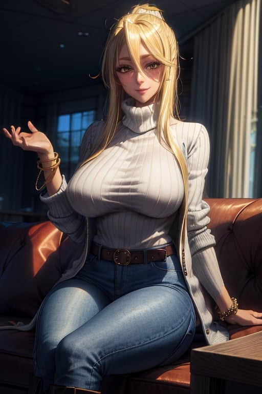 masterpiece, best quality, highres, mature, 1girls, solo girl, marikawashizuka, real Blonde hairs, Brown eyes, smooth face,  gorgeous face, gorgeous eyes, makeup, huge breasts, detailed face, detailed hands, smile, wide hips, jewelry, bracelet, long turtleneck sweater, jacket, jeans, belt, caffe shop, sitting, sofa, seductive pose, high boots,