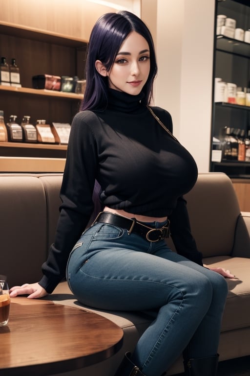 masterpiece, best quality, highres, hmmr1, minamoto no raikou (fate), mature, milf, very long, hair till ground and tied at end, extra long hair, dark purple hair, huge breasts, smooth face, detailed face, detailed hands, giant breasts, small smile, wide hips, jewelry, bracelet, black turtleneck sweater, black jacket, black dark jeans, caffe shop, sitting, sofa, seductive pose, black high boots, belt, covered