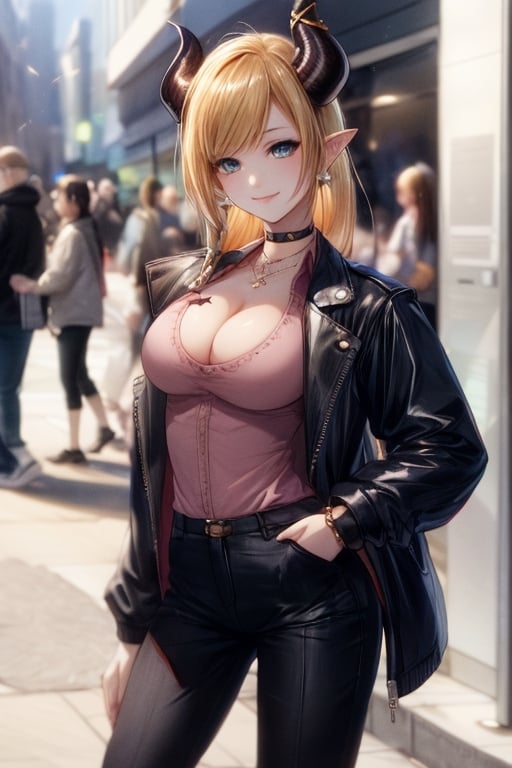 best quality, highres, solo girl, mature, yuzuki_choco, blonde hairs, blue eyes, big breasts, choker, demon_girl, demon horns, horns, jacket, long hair, pointy ears,  masterpiece, best quality, ultra detailed, 8k, highly detailed, detailed face, pose, small smile, delicate hands, wide hips, jewelry, choker necklace, bracelet, black pants, sweater_vest, jacket, high boots, sexy pose, street, sexy, yuzu, 1 girl, 1girl